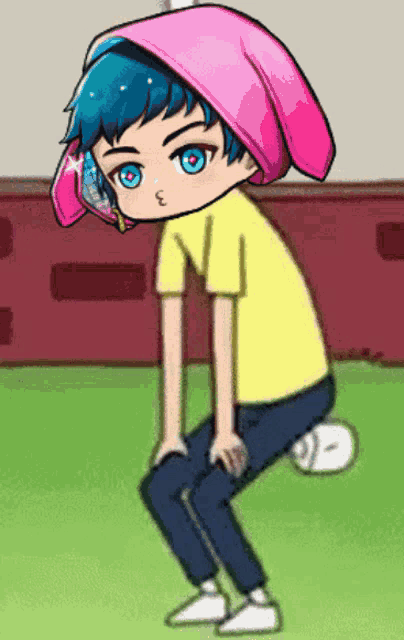 a cartoon character with blue hair and a pink hat