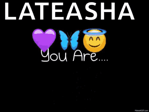 a purple heart with a blue butterfly and a smiley face with a halo says lateasha not alone