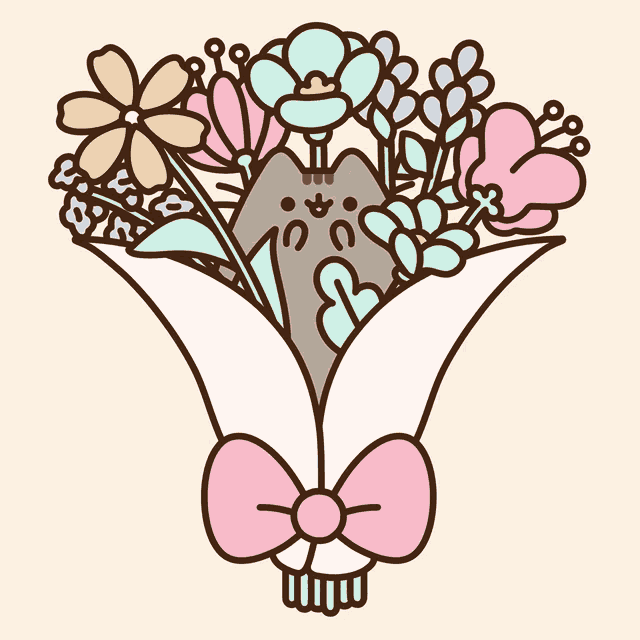 a drawing of a cat holding a bouquet of flowers with a pink bow