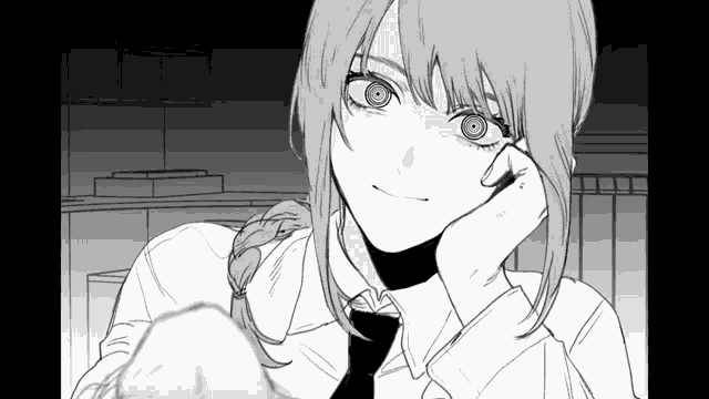 a black and white drawing of a girl with long hair and a tie with her hand on her face .