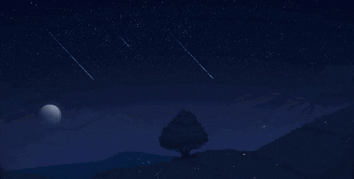 a tree stands in front of a night sky with shooting stars and a full moon