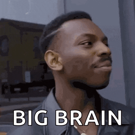 a man in a leather jacket is looking up with the words `` big brain '' written on his forehead .