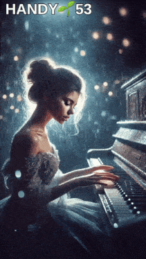 a woman in a white dress is playing a piano in the rain with handy 53 on the bottom