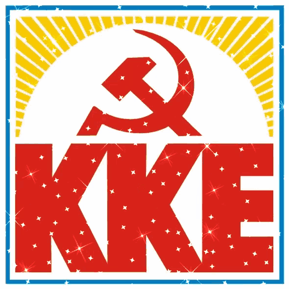 a red hammer and sickle on a white background with the letters kke