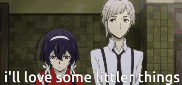 a man and a woman are standing next to each other with the words " i 'll love some littler things " above them