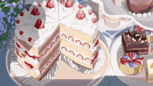 a slice of cake with strawberries and whipped cream on top