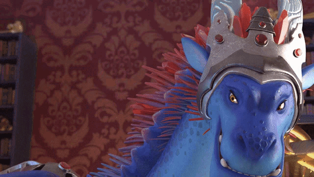 a blue dragon with a crown on its head is holding a coin