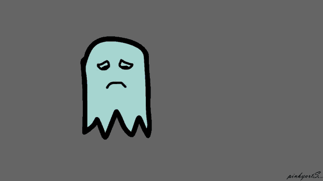 a drawing of two ghosts with a sad face and a girl with a bow on her head