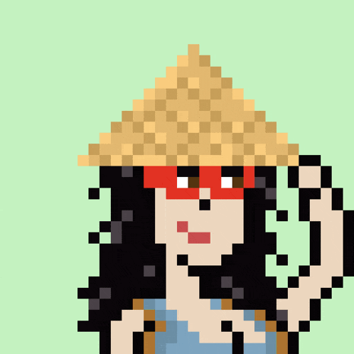 a pixel art drawing of a woman wearing a mask and sunglasses