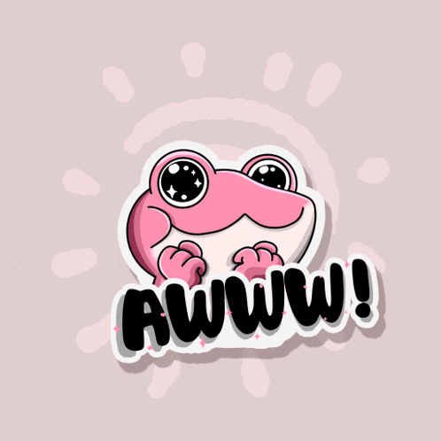a pink frog with the words awww in black letters