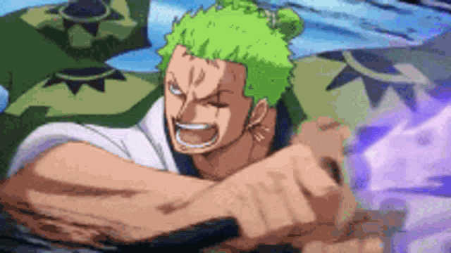 a cartoon character with green hair and a bun is holding a sword in his hand .