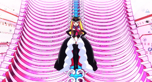 a cartoon character is standing in front of a pink wall with a blue circle on it