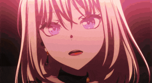 a close up of a girl 's face with pink hair and blue eyes