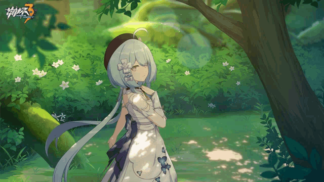 a girl in a white dress is standing under a tree with the number 3 on the bottom right