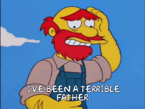 a cartoon character with a red beard and overalls says i 've been a terrible father