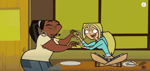 a cartoon of two women sitting at a table with the letter i in the upper right corner