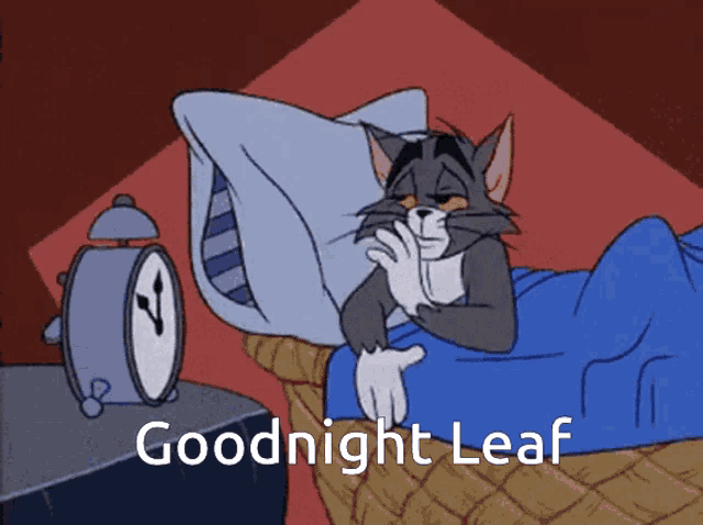 a cartoon of a cat sleeping with the words goodnight leaf below him
