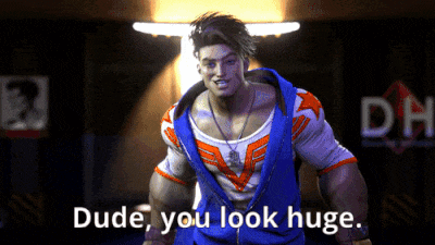 a video game character says dude you look huge in a dark room