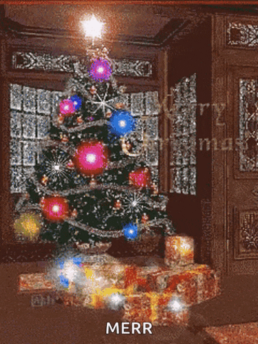 a merry christmas greeting with a christmas tree and presents