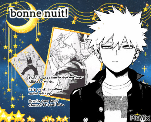 a poster that says bonne nuit on it with a picture of kacchan