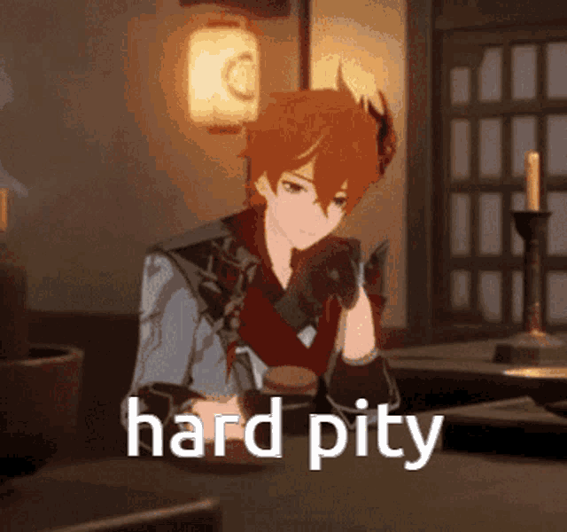 a cartoon character is sitting at a table with the words hard pity written on the bottom