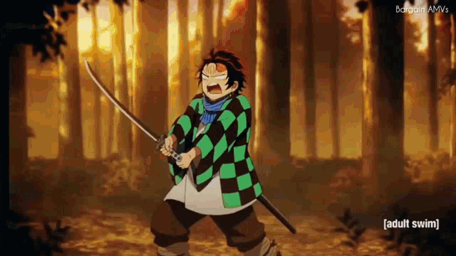 a man in a plaid shirt is holding a sword in the woods .