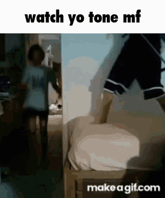 a gif of a person jumping on a bed with the words watch yo tone mf below them