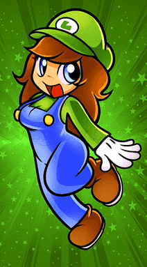 a cartoon drawing of a girl dressed as luigi from super mario