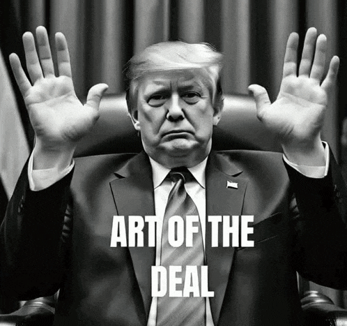 a black and white photo of donald trump with the words art of the deal on the bottom