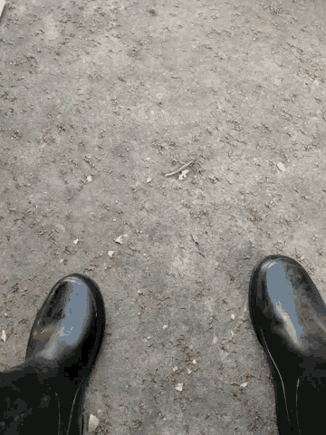 a pair of black rubber boots standing on a concrete surface