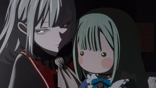 a doll with green hair is being held by a woman with white hair