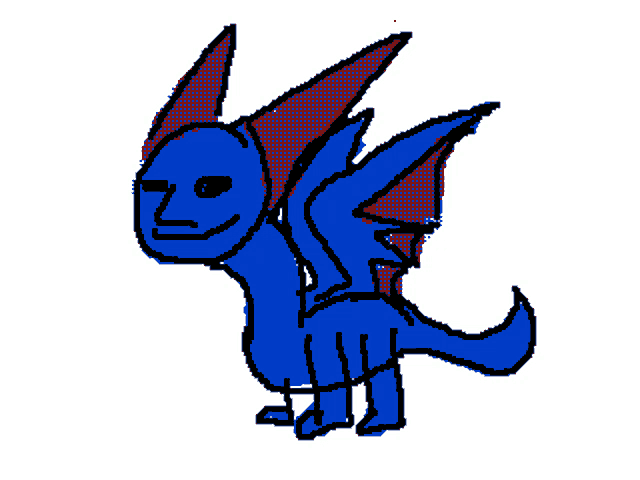 a drawing of a blue and red dragon with red wings