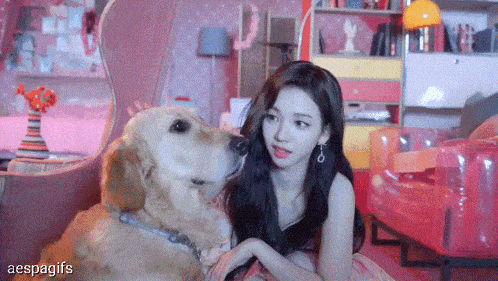 a woman in a pink dress petting a dog in a living room