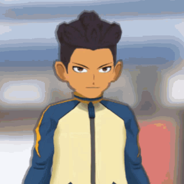 a cartoon character with a blue and yellow jacket
