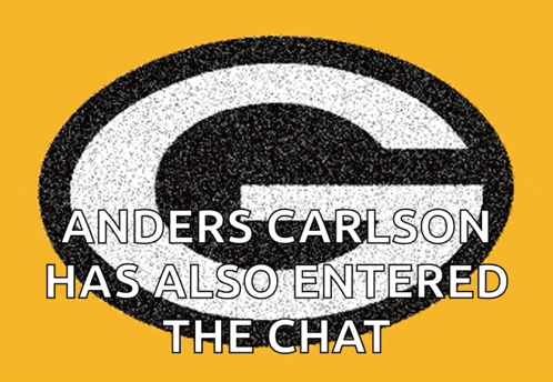 the green bay packers logo on a yellow background with the words anders carlson has also entered the chat