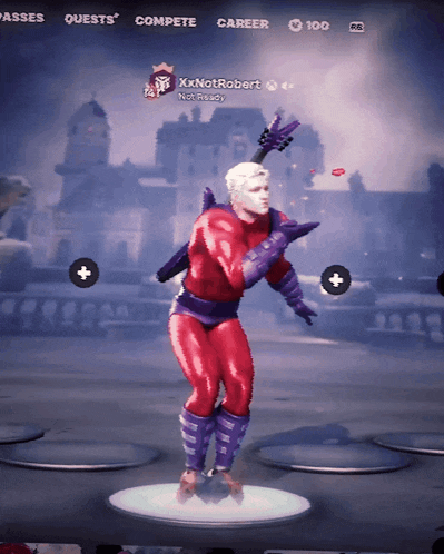 a man in a red and purple superhero costume is dancing in a video game