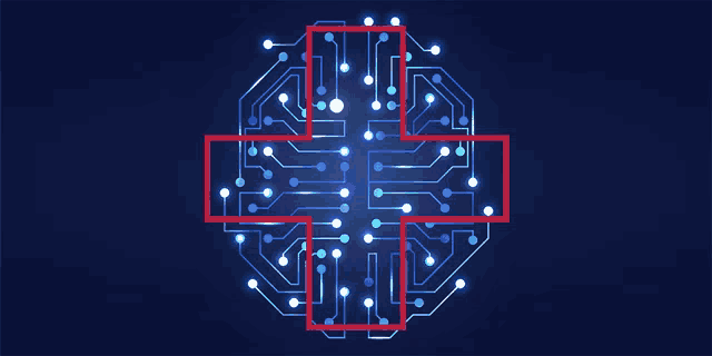 a red cross is surrounded by a circuit board