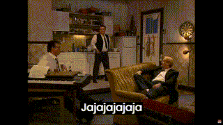 a man sitting on a couch in a living room with the word jajajajaja written on the bottom