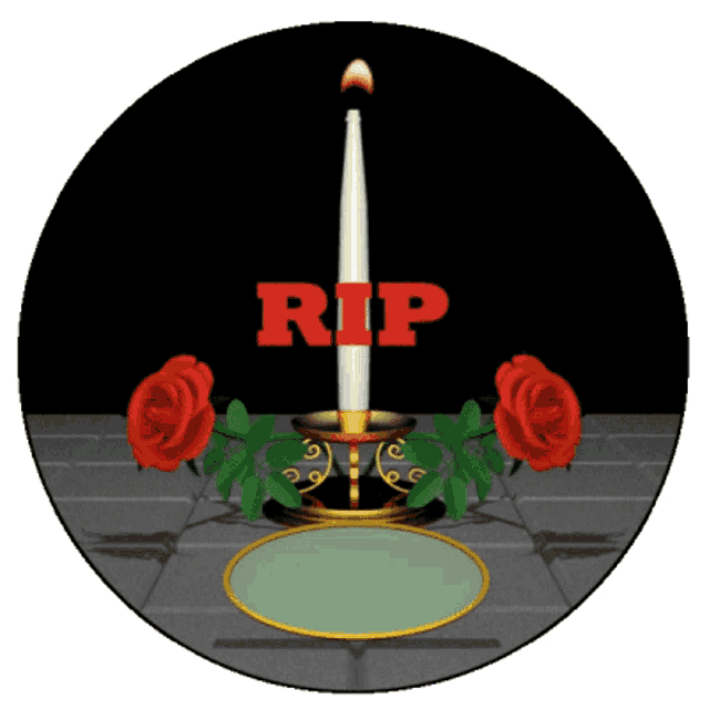 a candle in a candle holder with the word rip in red letters