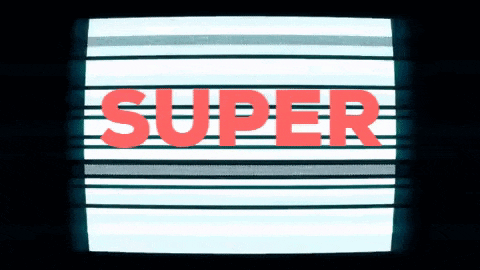 the word super is displayed on a white and black striped background