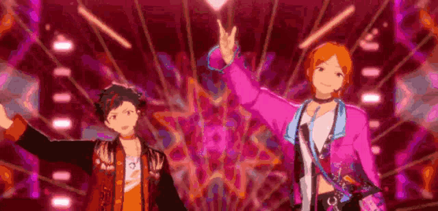 two anime characters are standing next to each other on a stage giving the peace sign .