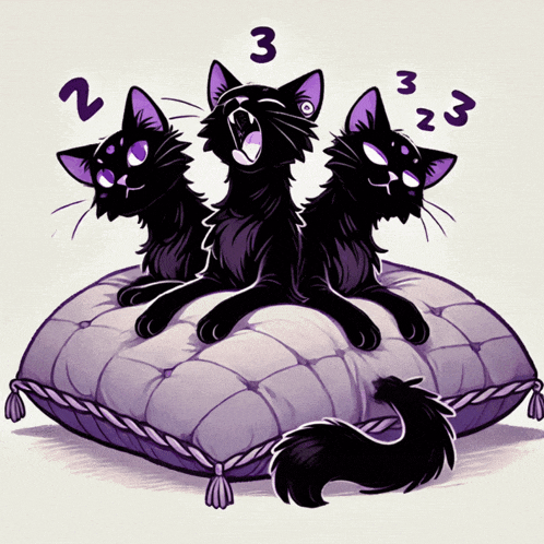 three black cats are laying on a purple pillow with the numbers 2 3 and 23 above them