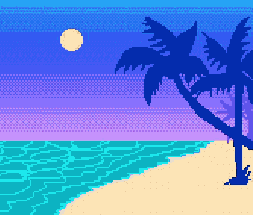 a pixel art drawing of a beach with palm trees