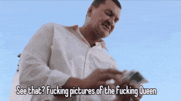 a man in a white shirt holds a stack of money and says see that fucking pictures of the fucking queen