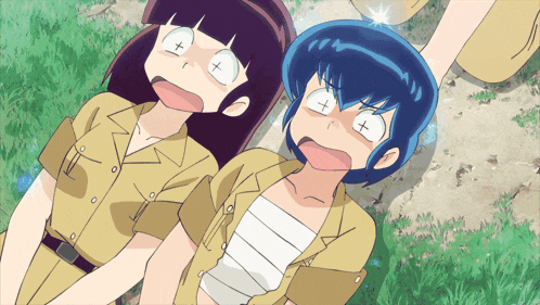 a couple of anime characters laying on the grass with their eyes crossed