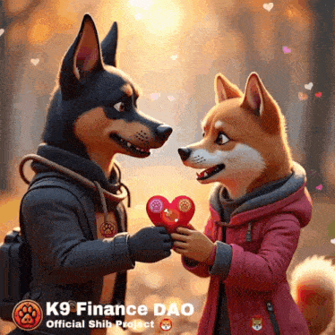 a picture of two dogs with the words k9 finance dao on the bottom right