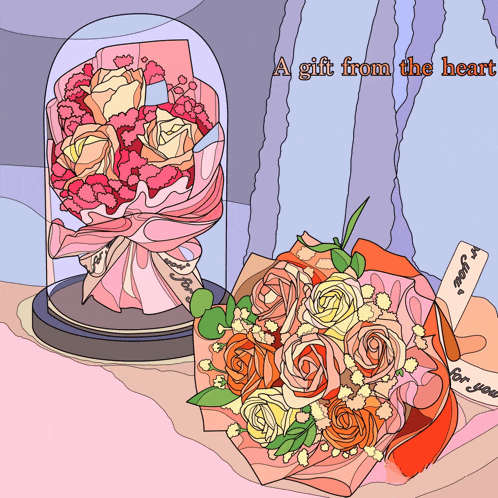 a bouquet of flowers under a dome with the words a gift from the heart