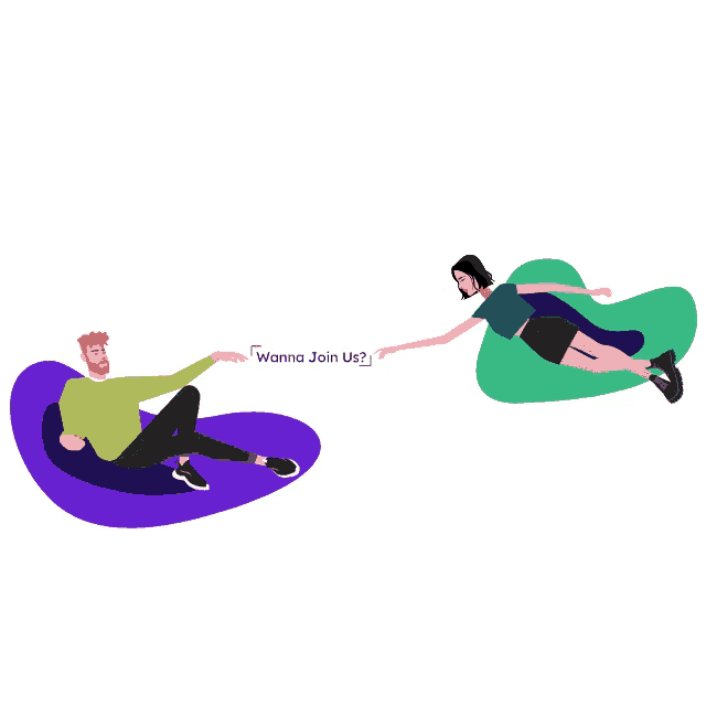 an illustration of a man and a woman reaching out to each other with a click here button below them