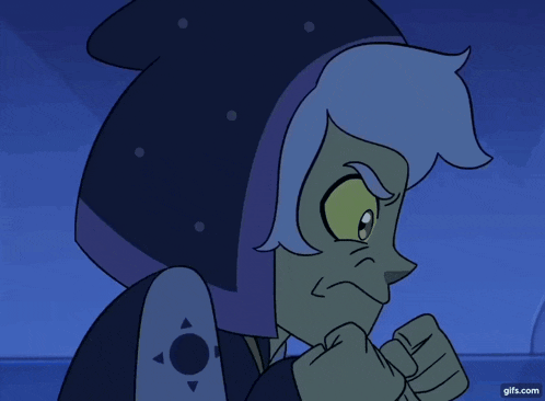 a close up of a cartoon character with blue hair