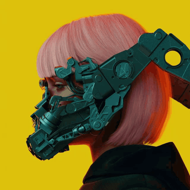 a woman with pink hair wearing a robotic mask